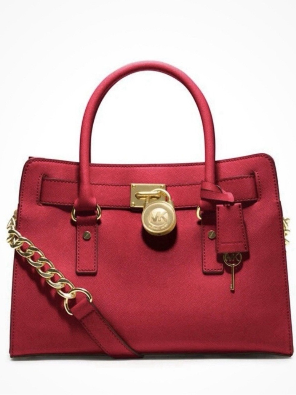 Michael Kors Cherry Red Saffiano Satchel with Gold Hardware